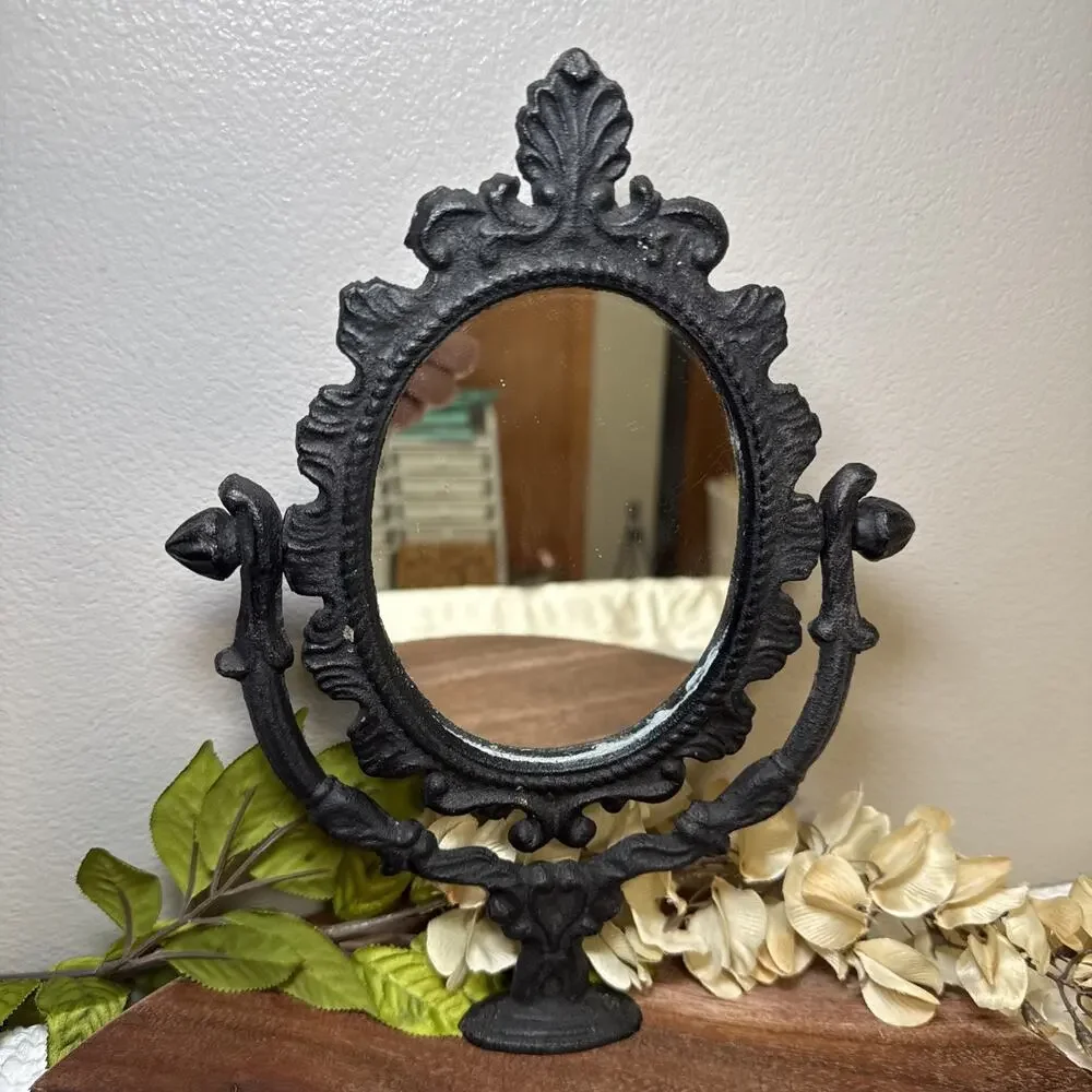Vtg Ornate Cast Iron Tabletop Vanity Mirror Black Victorian French Country Decor